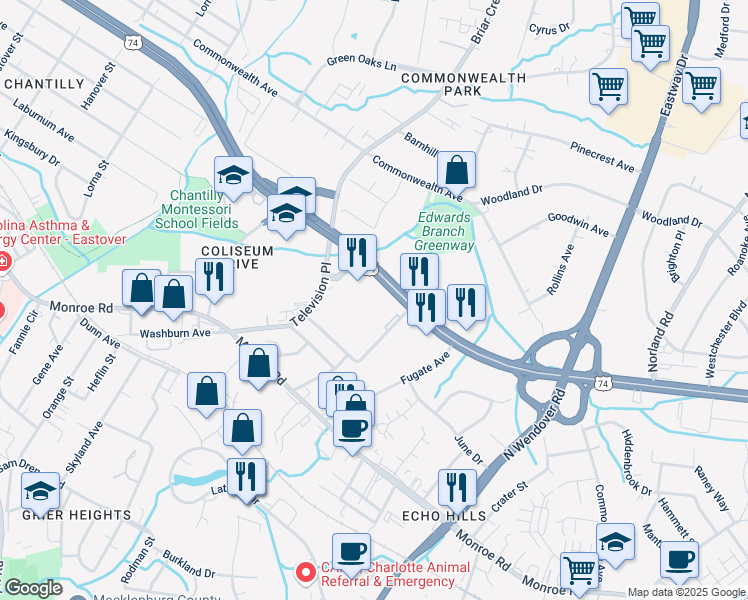 map of restaurants, bars, coffee shops, grocery stores, and more near 2700 East Independence Boulevard in Charlotte