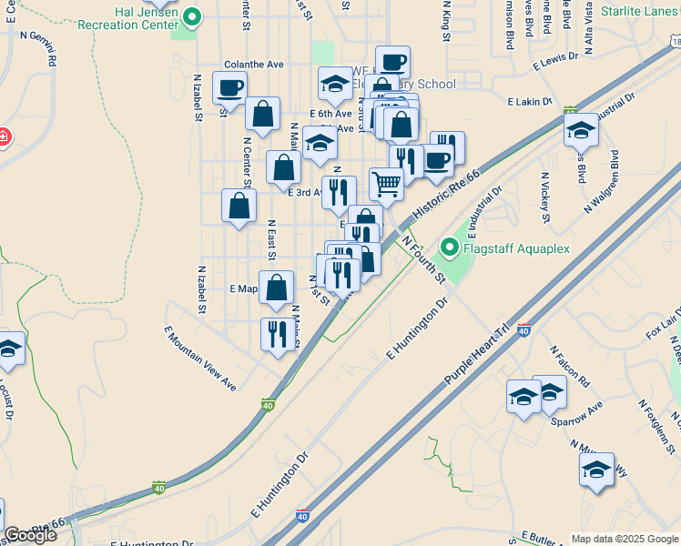 map of restaurants, bars, coffee shops, grocery stores, and more near 2229 East Spruce Avenue in Flagstaff
