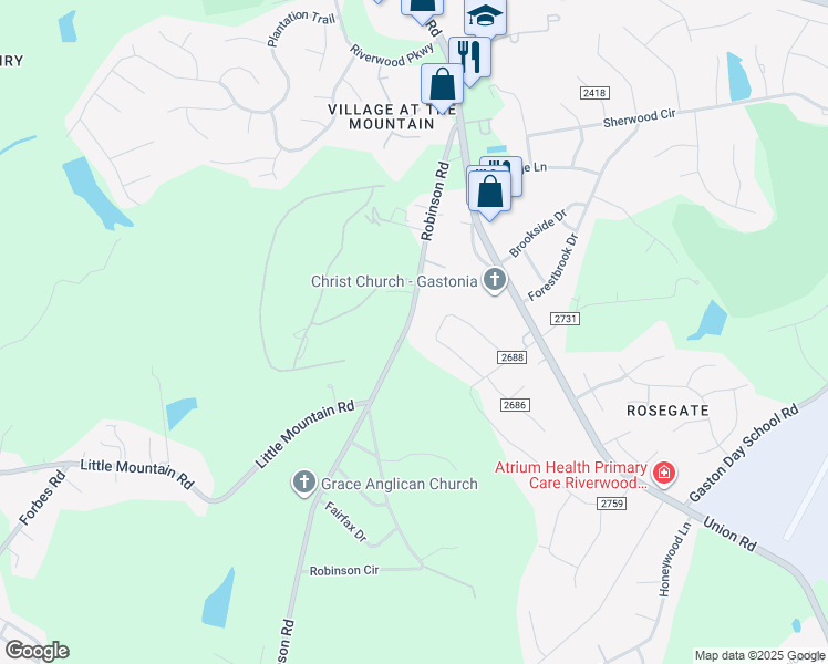 map of restaurants, bars, coffee shops, grocery stores, and more near 320 Robinson Road in Gastonia