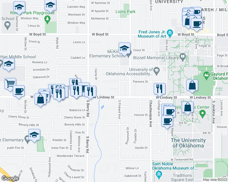 map of restaurants, bars, coffee shops, grocery stores, and more near 1016 Madison Street in Norman