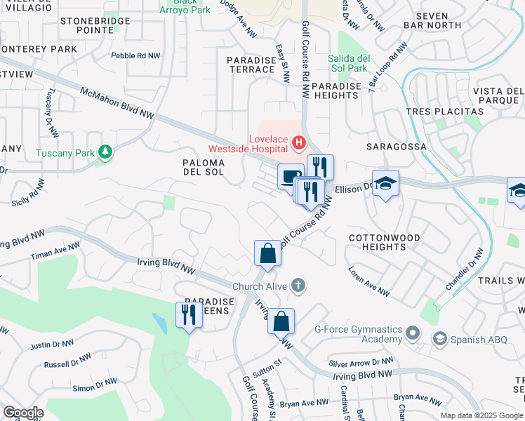 map of restaurants, bars, coffee shops, grocery stores, and more near 10301 Golf Course Road Northwest in Albuquerque