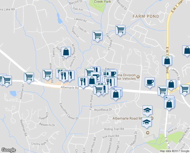 map of restaurants, bars, coffee shops, grocery stores, and more near 5600 Farm Pond Lane in Charlotte