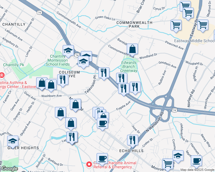 map of restaurants, bars, coffee shops, grocery stores, and more near 2700-2900 E Independence Blvd in Charlotte