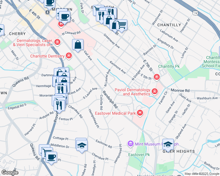 map of restaurants, bars, coffee shops, grocery stores, and more near 2421 Vail Avenue in Charlotte