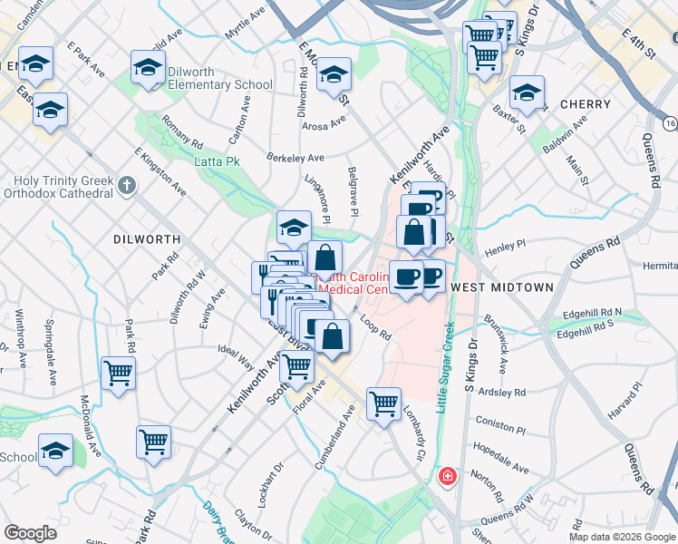 map of restaurants, bars, coffee shops, grocery stores, and more near 1425 Waverly Avenue in Charlotte