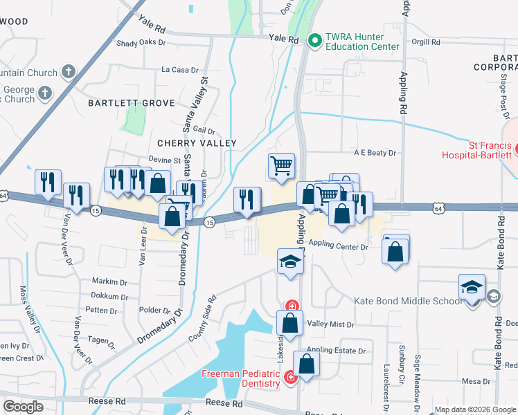 map of restaurants, bars, coffee shops, grocery stores, and more near 7400 U.S. 64 in Bartlett