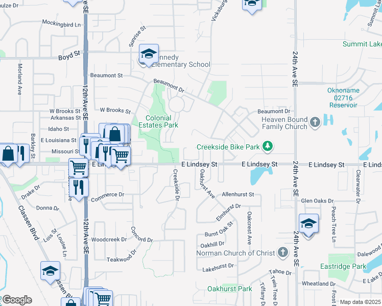 map of restaurants, bars, coffee shops, grocery stores, and more near 1804 Candlewood Drive in Norman