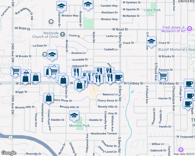 map of restaurants, bars, coffee shops, grocery stores, and more near 1418 Lindale Avenue in Norman