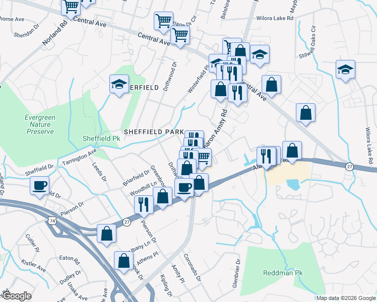 map of restaurants, bars, coffee shops, grocery stores, and more near 3302 Campbell Drive in Charlotte