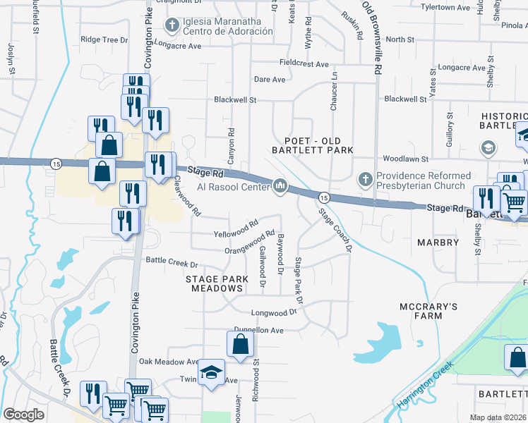 map of restaurants, bars, coffee shops, grocery stores, and more near 5288 Yellowood Road in Memphis