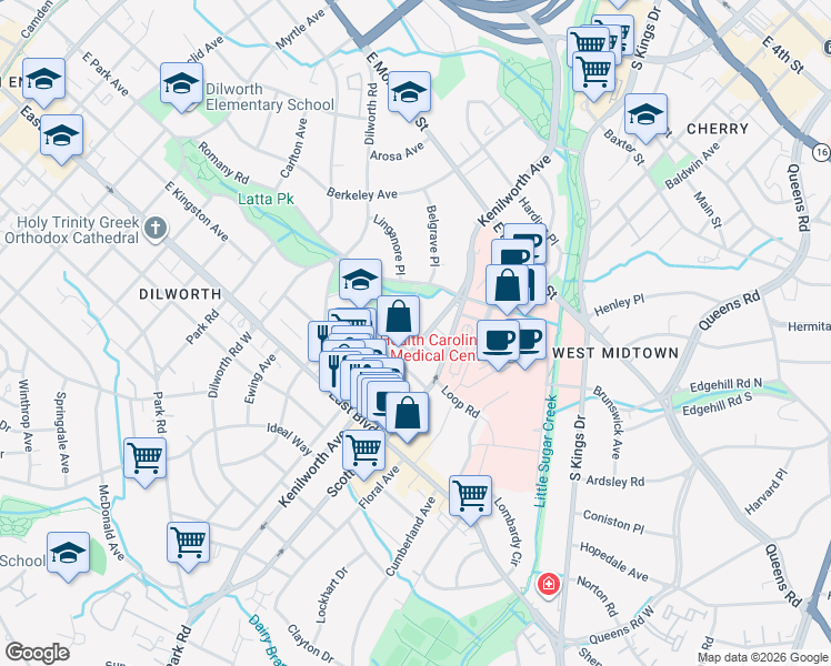 map of restaurants, bars, coffee shops, grocery stores, and more near in Charlotte