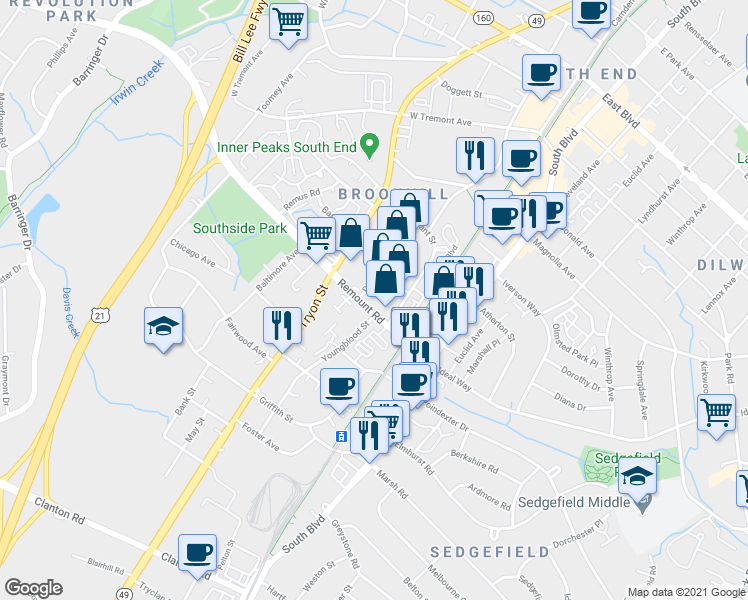 map of restaurants, bars, coffee shops, grocery stores, and more near 2527 Distribution Street in Charlotte