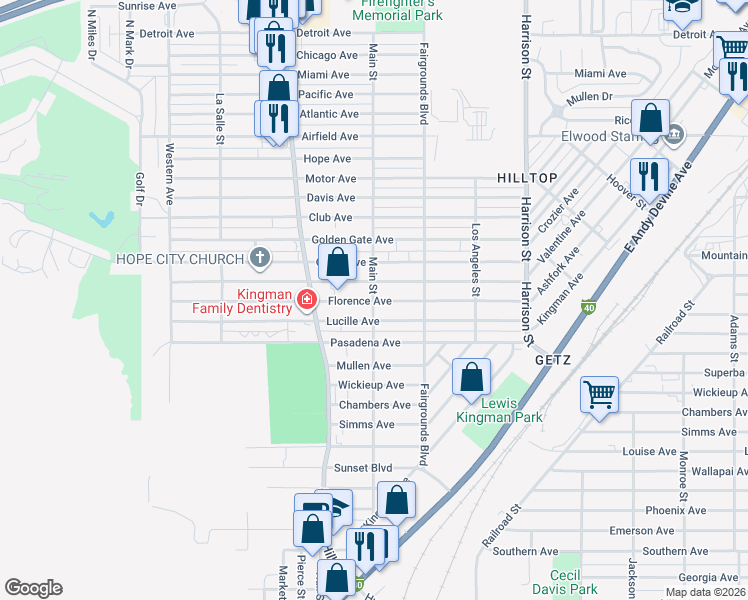 map of restaurants, bars, coffee shops, grocery stores, and more near 1911 Main St in Kingman