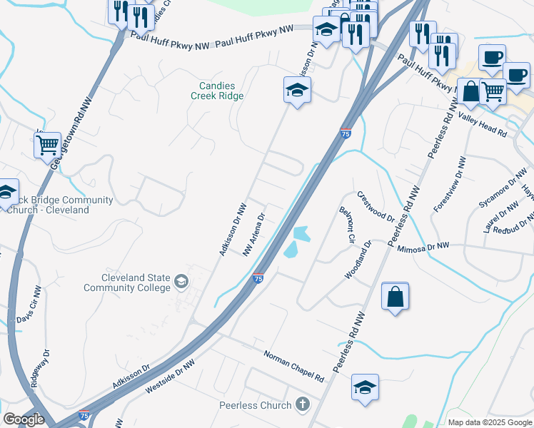 map of restaurants, bars, coffee shops, grocery stores, and more near 3595 Northwest Arlena Drive in Cleveland