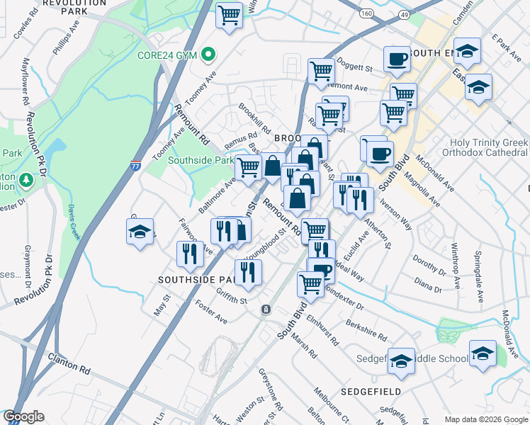 map of restaurants, bars, coffee shops, grocery stores, and more near 2601 South Tryon Street in Charlotte