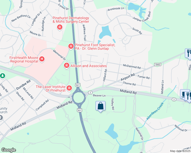 map of restaurants, bars, coffee shops, grocery stores, and more near 310 Pinehurst Trace Drive in Pinehurst