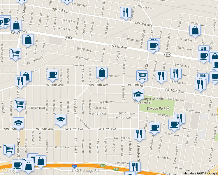 map of restaurants, bars, coffee shops, grocery stores, and more near 1219 Southwest 10th Avenue in Amarillo