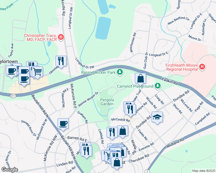 map of restaurants, bars, coffee shops, grocery stores, and more near Pinehurst Greenways in Pinehurst