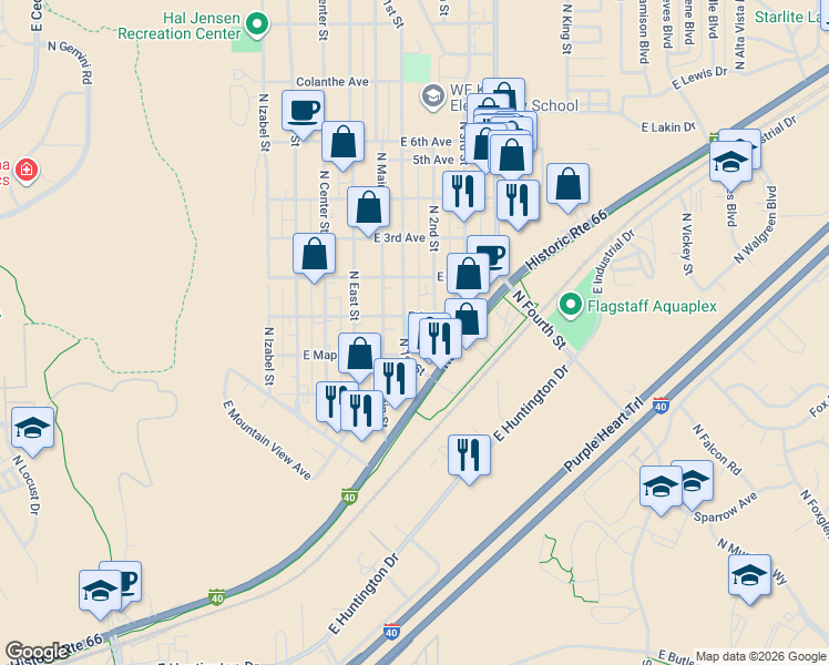 map of restaurants, bars, coffee shops, grocery stores, and more near 211 East 1st Avenue in Flagstaff