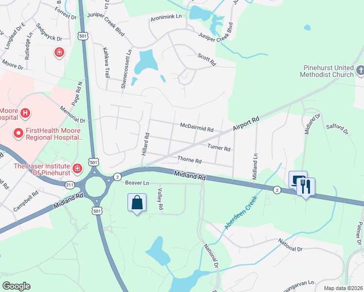 map of restaurants, bars, coffee shops, grocery stores, and more near 4604 Airport Road in Pinehurst