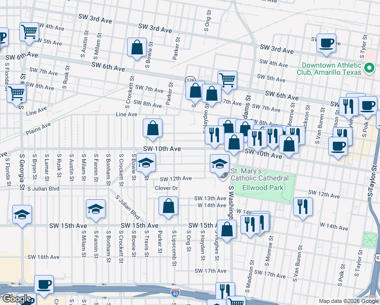 map of restaurants, bars, coffee shops, grocery stores, and more near 1204 Southwest 10th Avenue in Amarillo