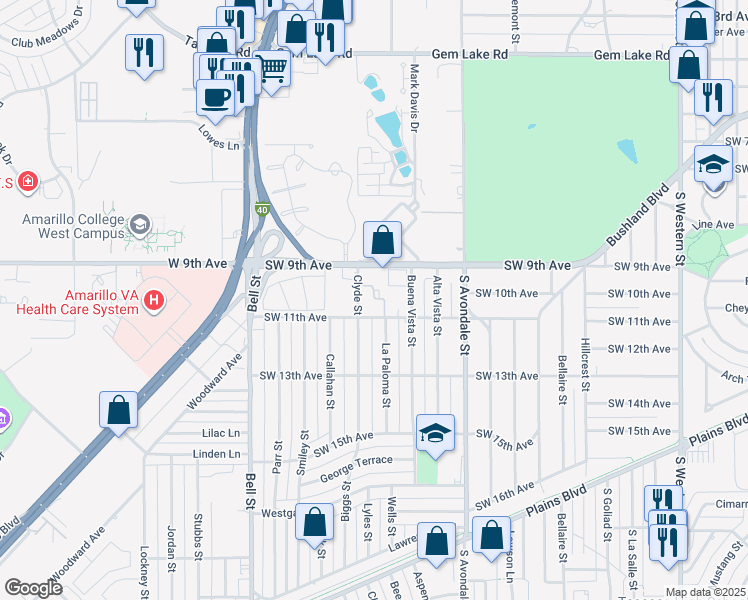 map of restaurants, bars, coffee shops, grocery stores, and more near 940 Buena Vista Street in Amarillo