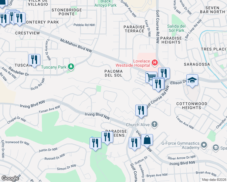 map of restaurants, bars, coffee shops, grocery stores, and more near 4801 Irving Boulevard Northwest in Albuquerque