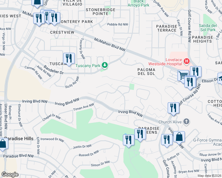 map of restaurants, bars, coffee shops, grocery stores, and more near 5001 Rio Las Vacas Place Northwest in Albuquerque
