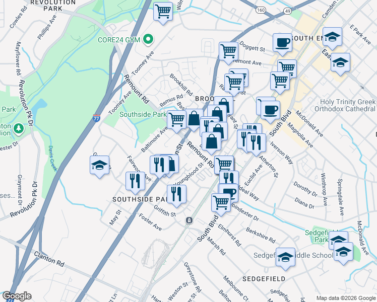 map of restaurants, bars, coffee shops, grocery stores, and more near 2601 South Tryon Street in Charlotte