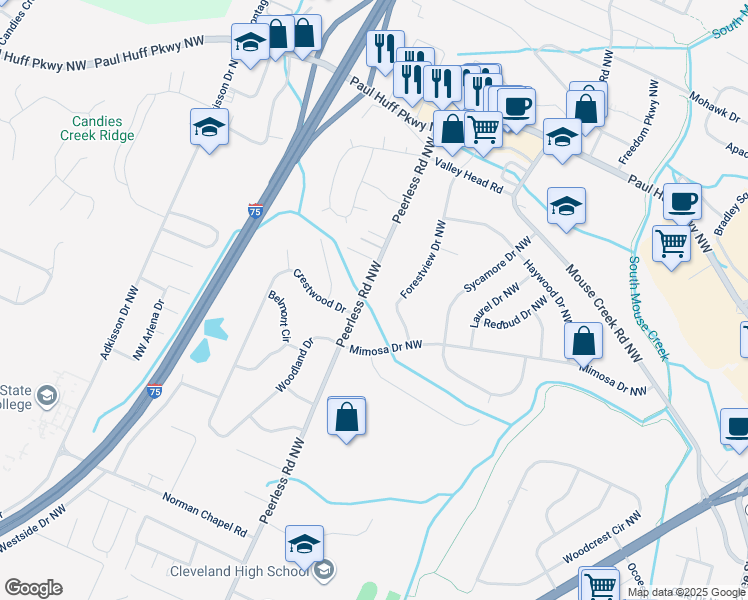 map of restaurants, bars, coffee shops, grocery stores, and more near 3930 Peerless Road Northwest in Cleveland