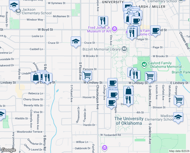 map of restaurants, bars, coffee shops, grocery stores, and more near 920 Chautauqua Avenue in Norman