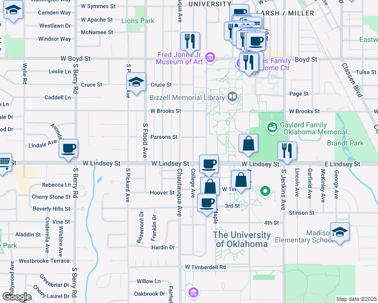 map of restaurants, bars, coffee shops, grocery stores, and more near 813 College Avenue in Norman
