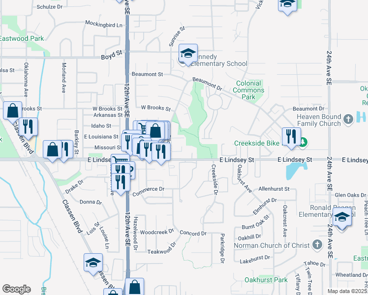 map of restaurants, bars, coffee shops, grocery stores, and more near 1141 Biloxi Drive in Norman