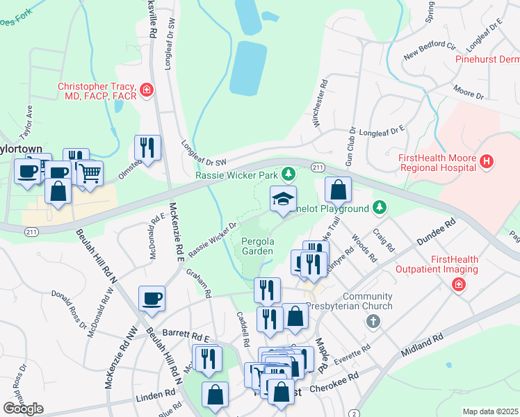 map of restaurants, bars, coffee shops, grocery stores, and more near Pinehurst Greenways in Pinehurst