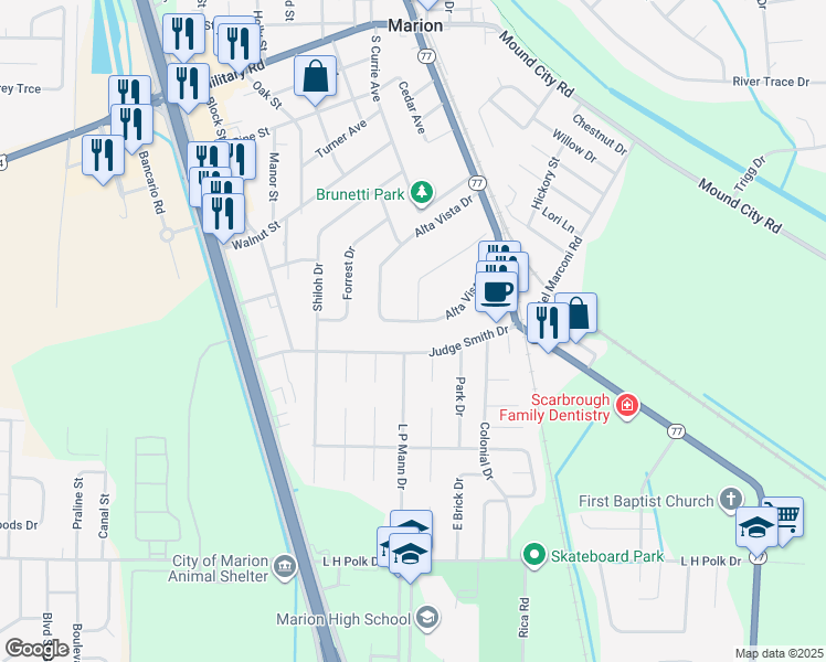 map of restaurants, bars, coffee shops, grocery stores, and more near 208 Alta Vista Drive in Marion
