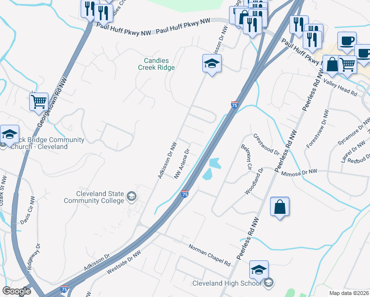 map of restaurants, bars, coffee shops, grocery stores, and more near 3595 Northwest Arlena Drive in Cleveland