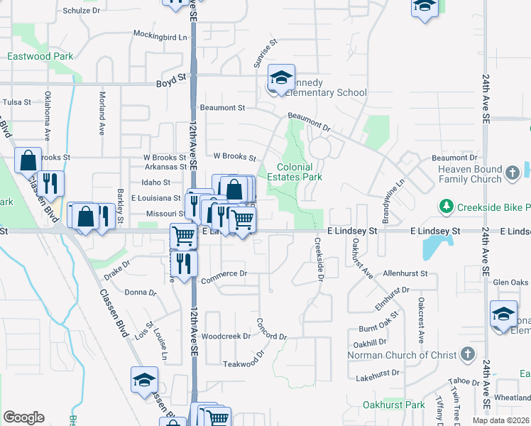 map of restaurants, bars, coffee shops, grocery stores, and more near 1141 Biloxi Drive in Norman
