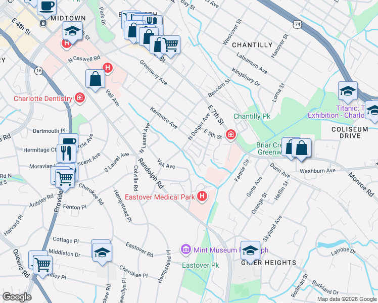 map of restaurants, bars, coffee shops, grocery stores, and more near 2512 Kenmore Avenue in Charlotte