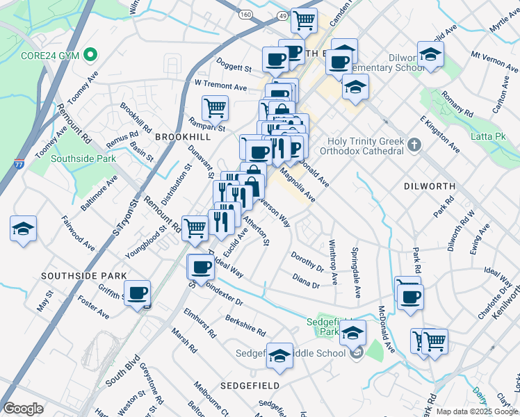 map of restaurants, bars, coffee shops, grocery stores, and more near 216 Iverson Way in Charlotte