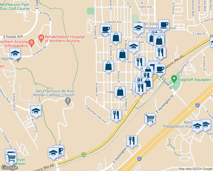 map of restaurants, bars, coffee shops, grocery stores, and more near 1720 North West Street in Flagstaff