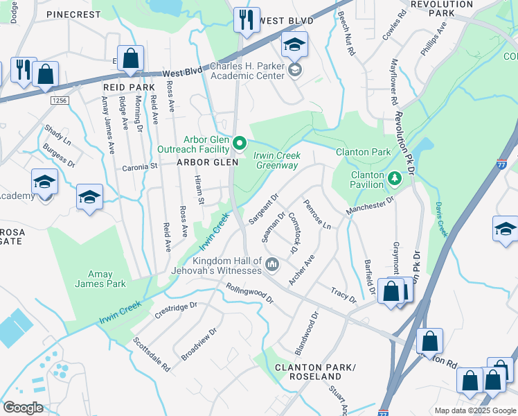 map of restaurants, bars, coffee shops, grocery stores, and more near 3514 Sargeant Drive in Charlotte