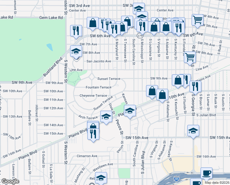 map of restaurants, bars, coffee shops, grocery stores, and more near 705 Sunset Terrace in Amarillo