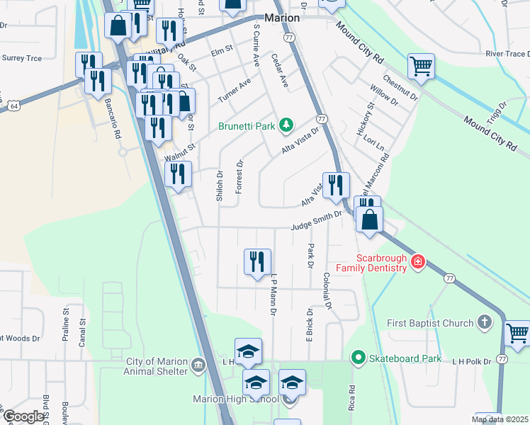 map of restaurants, bars, coffee shops, grocery stores, and more near 208 Alta Vista Drive in Marion