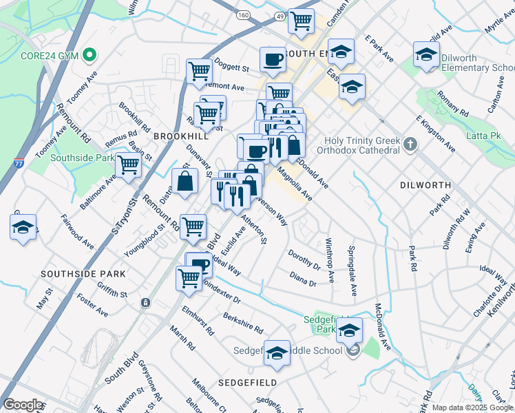 map of restaurants, bars, coffee shops, grocery stores, and more near 216 Iverson Way in Charlotte