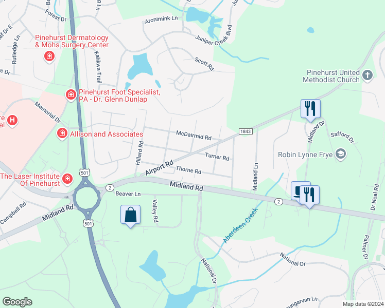map of restaurants, bars, coffee shops, grocery stores, and more near 126 Turner Road in Pinehurst
