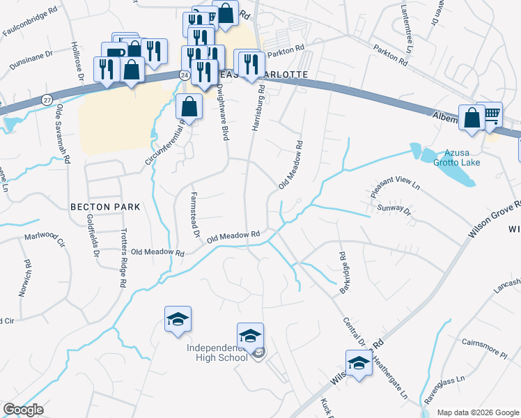 map of restaurants, bars, coffee shops, grocery stores, and more near 6313 Old Meadow Road in Charlotte