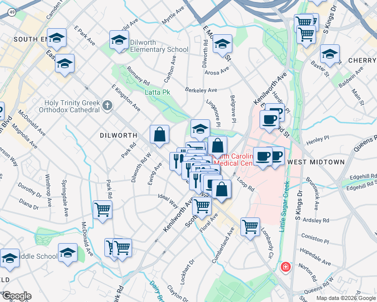 map of restaurants, bars, coffee shops, grocery stores, and more near 1112 Buchanan Street in Charlotte
