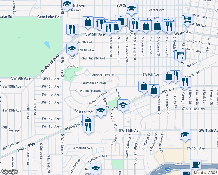 map of restaurants, bars, coffee shops, grocery stores, and more near 705 Sunset Terrace in Amarillo