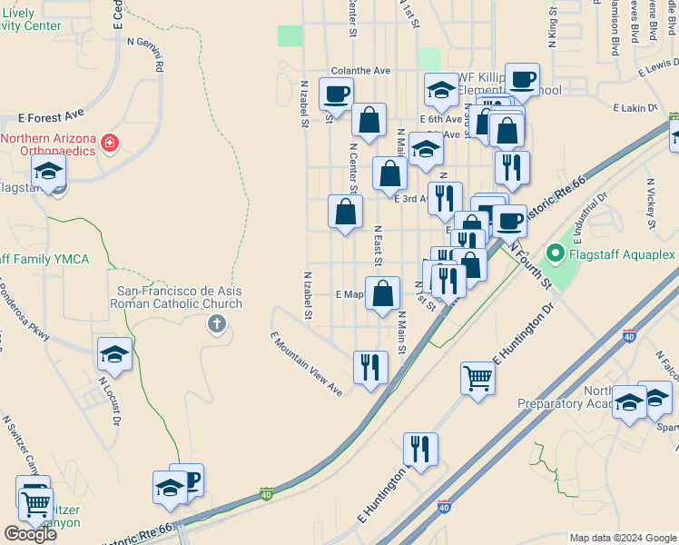 map of restaurants, bars, coffee shops, grocery stores, and more near 1724 North West Street in Flagstaff