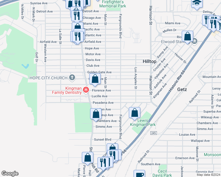 map of restaurants, bars, coffee shops, grocery stores, and more near 2030 Robinson Avenue in Kingman